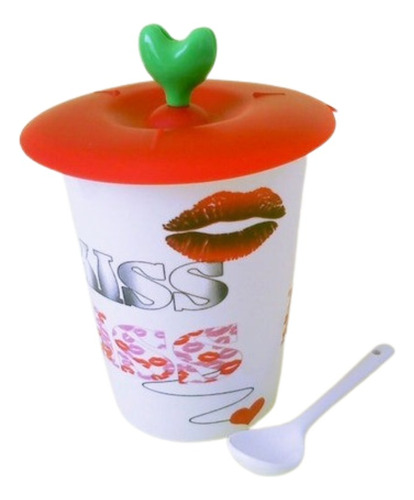 Caneca Copo Beijo Kiss Vermelho C/colher Tampa Porcelana Nov