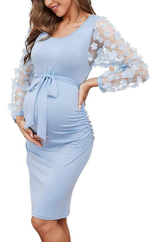 Vestido Midi De Maternidad De Manga Larga Con Malla Floral