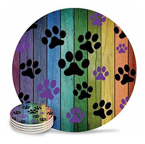 Funny Drink Coasters Dog Paw Prints Rustic Old Barn Wood Abs