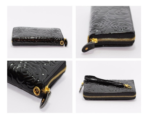 Cartera Mujer Monedero Negro Charol Flor Cierre Dorado Cd24