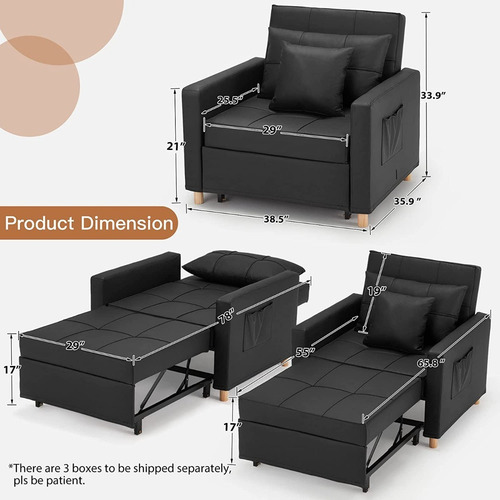Sillón Cama 3 En 1; Ajustable Tamaño Individual, Negro