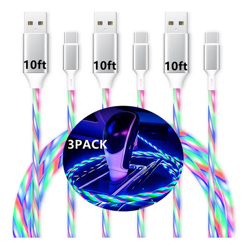 Cable Usb Tipo C (3 Unidad 10 Pies) Carga Luz Led Para S10 9