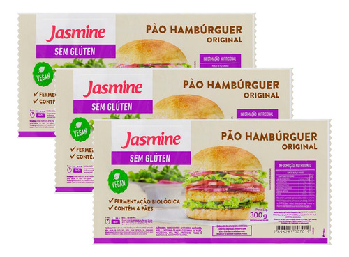 Kit 3 Pão De Hambúrguer Tradicional Sem Glúten Jasmine 300g
