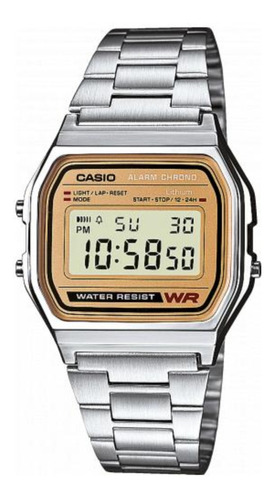 Reloj pulsera digital Casio A158 con correa de acero inoxidable color plateado - fondo gris/dorado