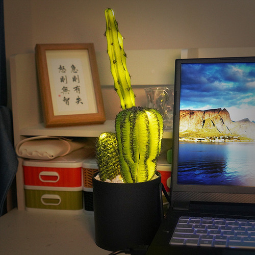 Lámpara Cactus Artificial Led Plantas Desierto En Maceta Verde