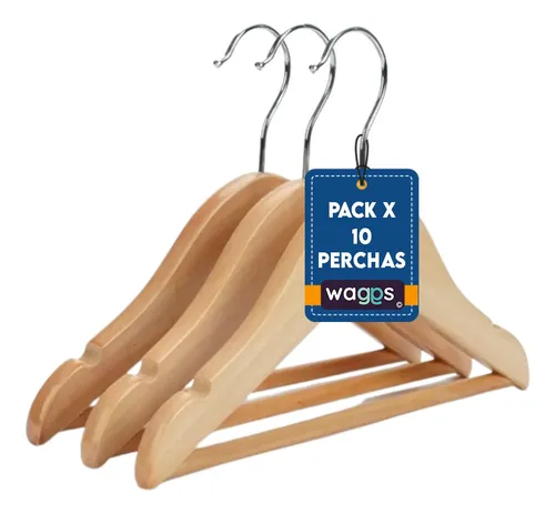 Pack X10 Perchas Niños Madera Lustrada Gancho Super Premium