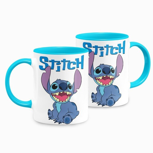Caneca Cerâmica Stitch Alegria Alça Azul Claro - Disney