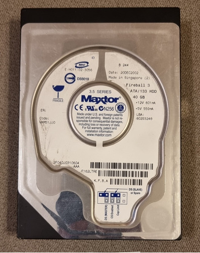 Disco Duro 3.5 Para Pc Marca Maxtor De 40gb Inoperativo