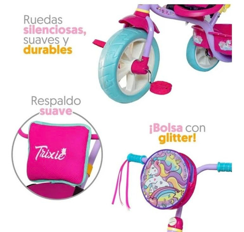 Triciclo Apache Trixie Unicornio C/ Toldo Barra Empuje 3 En1 Rosa