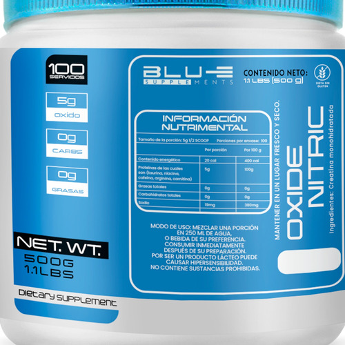 Óxido Nítrico Blu-e 500g 100 Serv Varios Sabores Pre Entreno Naranja