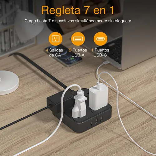 Regleta De Enchufe Plano Ultrafina, 4 Salidas, 3 Usb Tipo C