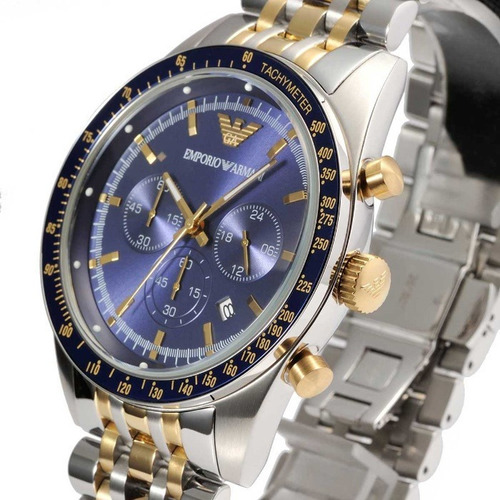 Reloj Hombre Caballero Ea 6088, Incluye Bolsa De Cartón Color de la correa PLATEADA Y DORADA - ACERO INOXIDABLE Color del bisel Dorado Color del fondo Azul marino