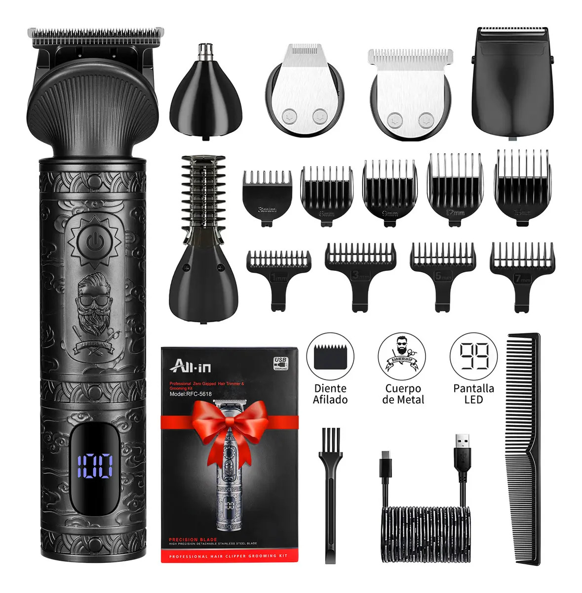 Imagen de All-in Rasuradora Electrica Afeitadora Corporal Hombre 6-en-1 Barba Nariz Zona Intima Cortadora de Cabello Pelo Profesional Maquina para Cortar Cabello para Afeitar Cuerpo Metal Inalámbrica B-0725