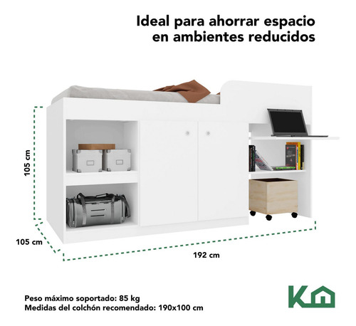 Cama Individual Escritorio Cajones Litera Base Kingshouse Color Blanco