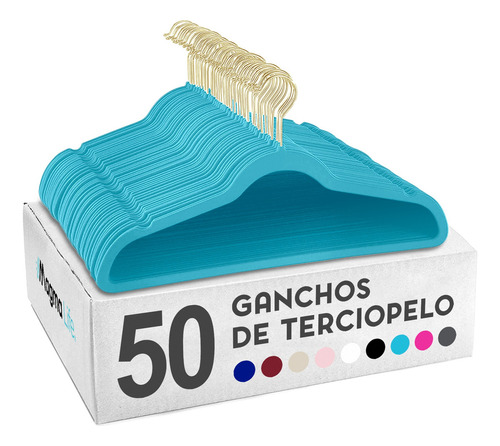 50 Ganchos Para Ropa Terciopelo Antideslizante Premium Color Azul Claro