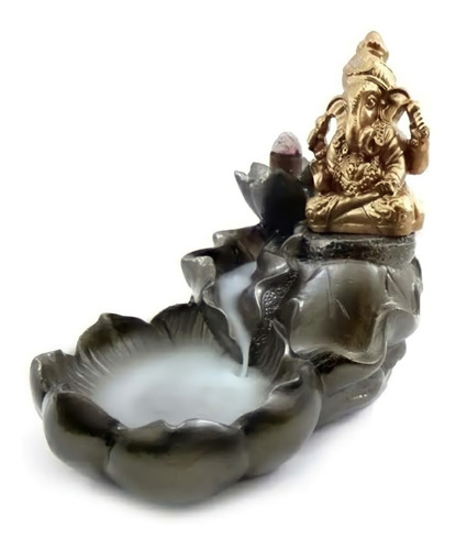 Incensario Cascata Ganesha Flor De Lotus Preto Dourado Luxo