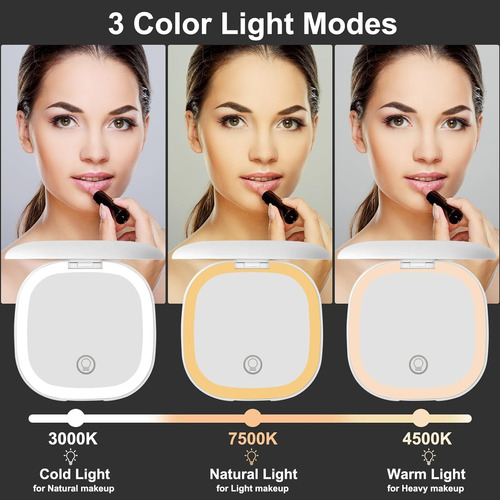 Espejo Mano Mini Led Espejo Maquillaje 3 Tonos Color Ajustab Negro