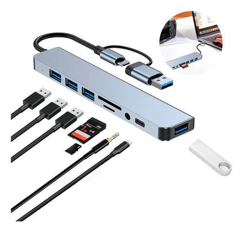 Adaptador Hub Usb E Tipo C Extensor 8 Em 1 Com Leitor Cartão
