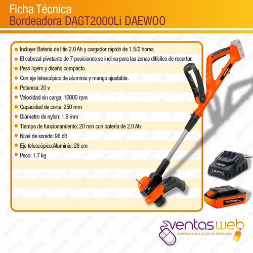 Imagen 8 de 9 de Bordeadora Inalámbrica Daewoo 20v Tanza Dagt + Kit Bateria