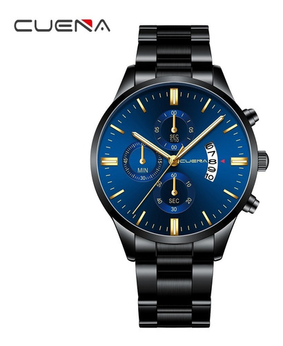 Relógio Masculino Cuena Aço Preto Visor Azul Frete Grátis
