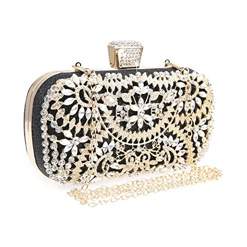 Cartera De Mano Clutch De Fiesta Cristales Negro Gold