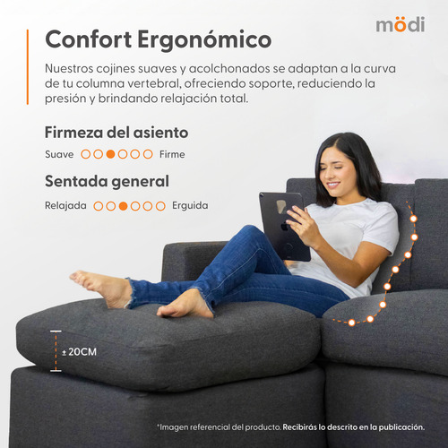Sofá Sala Seccional Modular 3 Plazas + Otomano + Pillow Pack Gris Oscuro Liso