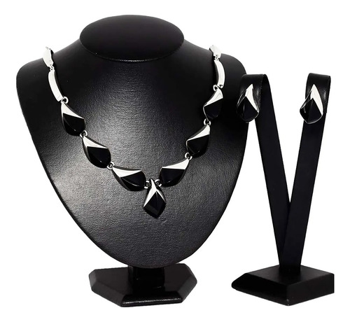 Hermoso Juego De Collar Y Aretes De Plata .925 Gala Negro