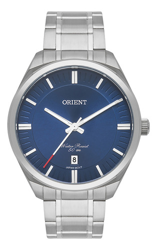 Relógio Orient Masculino Todo Em Aço Inoxidável Calendário + Cor Da Correia Prateado Cor Do Bisel Prateado Cor Do Fundo Azul-marinho