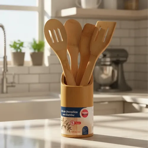 Kit De Utensílios Bambu 5 Peças Pau Colher ​Garfo Espátulas Bambu