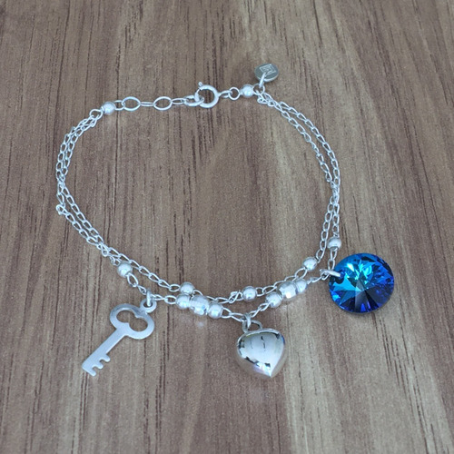 Imagen 4 de 10 de Pulsera De Plata 925 Con Dijes De Corazón, Llave Y Swarovski