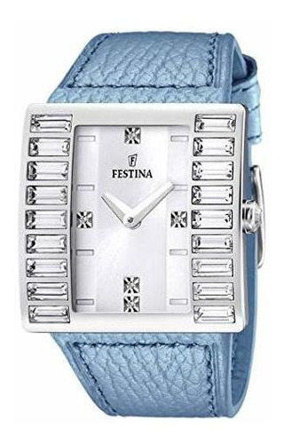 Reloj Festina Mujer Cristales Cuero Oficial F16538.5 Color De La Malla Celeste Color Del Bisel Plateado Color Del Fondo Blanco