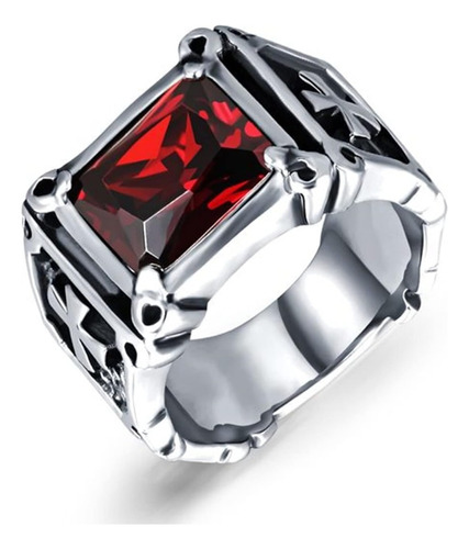 Anillo Piedra Roja Cruz Templario Acero Inoxidable Hombre