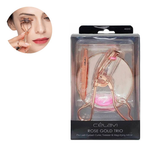 Set Rose Gold Trio Rizador Pinza Cejas Espejo Célavi 