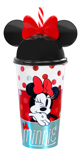 Copo Da Minnie Com Orelhas E Canudo Vermelho Kit 2 Unidades