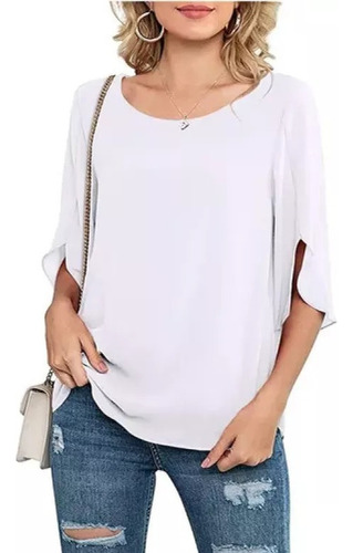 Blusa De Gasa Holgada De Manga 3/4 Casual Para Mujer