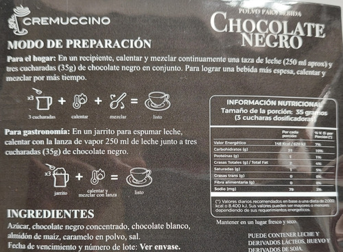 Imagen 3 de 4 de Chocolate Negro Caliente Espeso Polvo 875gr Cremuccino Cafe