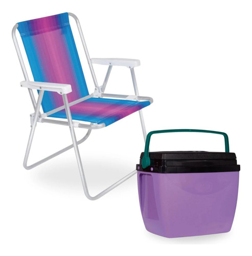 Cadeira De Praia Aluminio Colorida + Cooler 26l Roxa E Verde