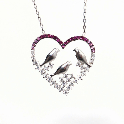 Gargantilla Plata Zirconia Multicolor Forma Corazón Y Aves