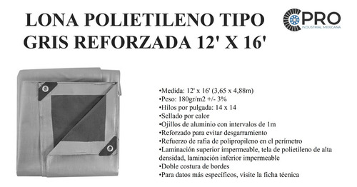 Lona De Polietileno Tipo Gris Reforzada 12x16, 1 Pieza