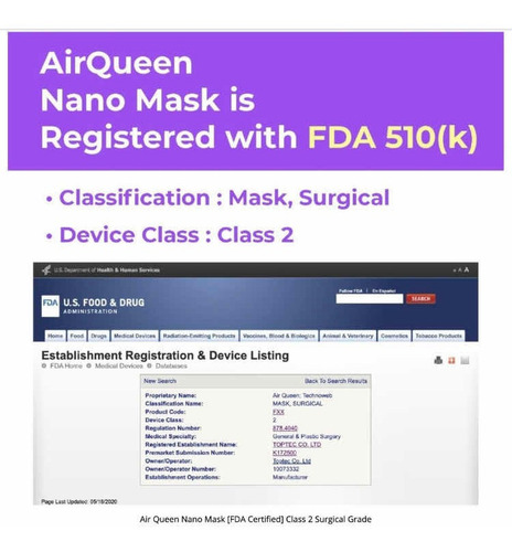 Cubrebocas Lavable Fda Ce Coreano Airqueen Nano Fibra (10pz)