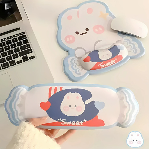 Set Mouse Pad+reposa Muñecas Kawaii Celeste Conejo