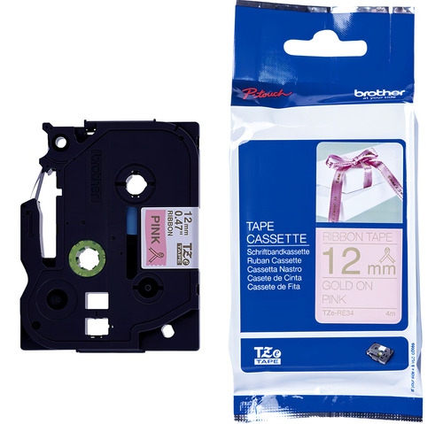 Cinta dorada Brother TZE-re34 de 12 mm sobre satén de oro rosa