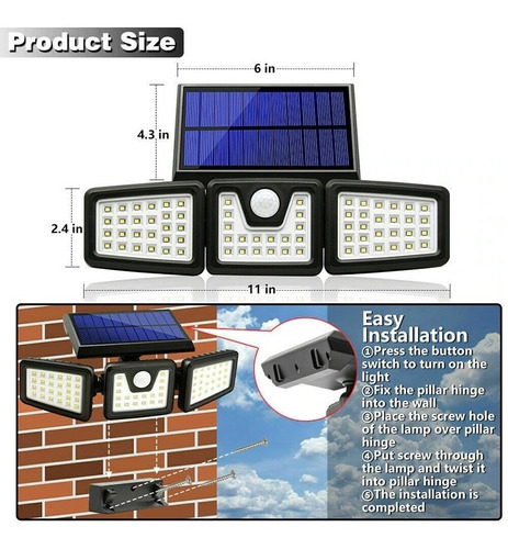 Imagen 4 de 5 de Luz Solar Foco Triple Cabezal Con Sensor De Movimientos/f226