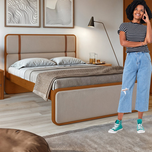 Cama Casal Leder Em Mdp/mdf Tecido Linho