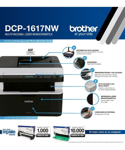 Imagen 3 de 8 de Multifunción Laser Brother Dcp-1617nw + 2 Toner Tn1060 Extra