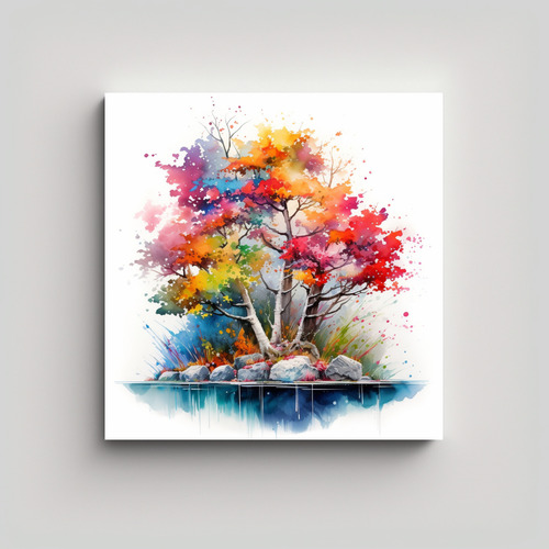 70x70cm Cuadro Pintura Acuarela Árbol Abedul Bonsái Flores