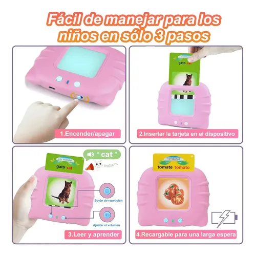 Tarjetas Flash Parlantes Para Niños – 112 Tarjetas (224 Palabras) Con Modos Español, Inglés Y Bilingüe, Juguete Educativo Para 3-7 Años, Rosa, Con Cable USB