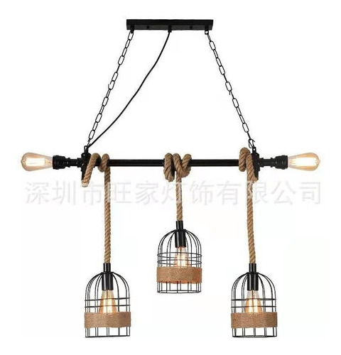 Lampara Colgante Rustica Industrial Metal Cañamo 5 Luces