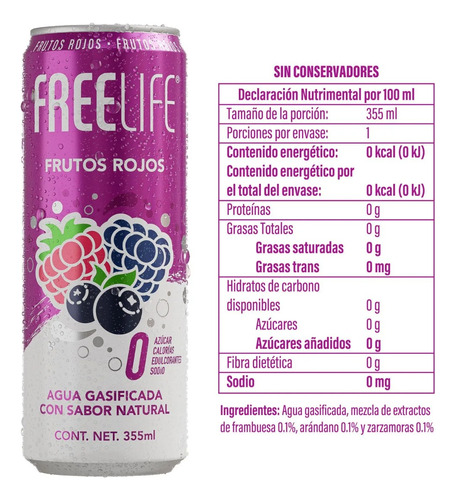 Agua Gasificada Freelife 6 Pack 355ml Sabor Frutos Rojos