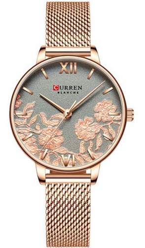 Reloj Curren 9065 para mujer, correa de lujo con estampado floral de oro rosa, color bisel, oro rosado, color de fondo floral